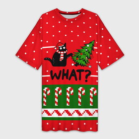 Платье-футболка 3D с принтом WHAT  КОТИК  CAT ,  |  | 2020 | 2021 | 2022 | christmas | merry | what | елка | кот | леденец | нг | новогодний | новый год | паттерн | рождество | свитер | снежинки | узор | узоры | шишки