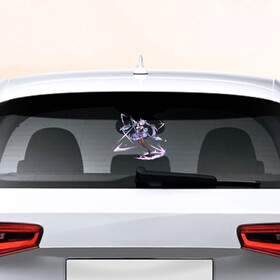 Наклейка на авто - для заднего стекла с принтом Кэ Цин в бою , ПВХ | Точные размеры наклейки зависят от выбранного изображения (ширина не больше 75 мм, высота не больше 45 мм) | genshin impact | арт | в деле | кэ цин | ли юэ | рисунок