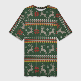 Платье-футболка 3D с принтом Новогодний свитер c оленями 1 ,  |  | 2022 | зима | новогодний | олени | свитер