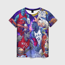 Женская футболка 3D с принтом Баскетболисты НБА , 100% полиэфир ( синтетическое хлопкоподобное полотно) | прямой крой, круглый вырез горловины, длина до линии бедер | nba | арт | баскетболисты | дамиан лиллард | дрэймонд грин | игроки | клей томпсон | леброн джеймс | энтони дэвис