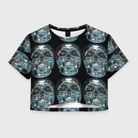 Женская футболка Crop-top 3D с принтом Skulls pattern 2028 , 100% полиэстер | круглая горловина, длина футболки до линии талии, рукава с отворотами | fashion | future | pattern | skull | vanguard | авангард | будущее | мода | стекло | узор | череп
