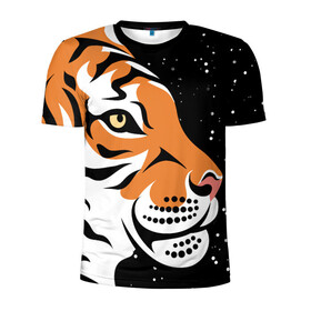 Мужская футболка 3D спортивная с принтом Новогодний тигр символ года , 100% полиэстер с улучшенными характеристиками | приталенный силуэт, круглая горловина, широкие плечи, сужается к линии бедра | 2022 | amur tiger | beast | fangs | happy new year | merry christmas | new year | predator | snow | stars | stern grin | stern look | winter | year of the tiger | амурский тигр | год тигра | зверь | зима | клыки | новый год | снег | суровый взгл