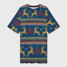 Платье-футболка 3D с принтом Новогодний свитер c оленями 3 ,  |  | 2022 | год | зима | новогодний | новый | олени | праздник | свитер | узор