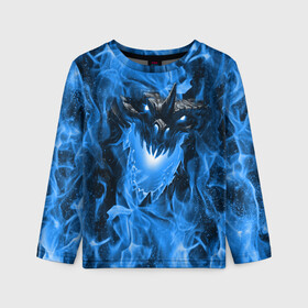 Детский лонгслив 3D с принтом Дракон в синем пламени Dragon in blue flame , 100% полиэстер | длинные рукава, круглый вырез горловины, полуприлегающий силуэт
 | dragon | дракон | миф | монстр | огонь | пламя | фэнтези