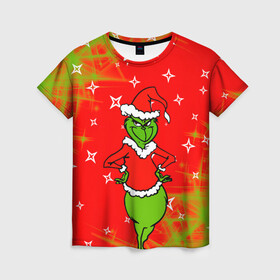 Женская футболка 3D с принтом Новогодний Grinch на танцполе. , 100% полиэфир ( синтетическое хлопкоподобное полотно) | прямой крой, круглый вырез горловины, длина до линии бедер | Тематика изображения на принте: 2022 | grinch | happy new year | merry christmas | год тигра | гринч | зима близко | нг | новогодний | новый год | новый год 2022 | рождество | снег | снежинки