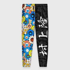 Женские брюки 3D с принтом Такаси Мураками Иероглифами , полиэстер 100% | прямой крой, два кармана без застежек по бокам, с мягкой трикотажной резинкой на поясе и по низу штанин. В поясе для дополнительного комфорта — широкие завязки | japan | smile | takashi murakami | арт | восточный узор | иероглифы | искусство | красочный | разноцветные цветы | ромашки | смайл | такаси мураками | такаши мураками | узор | улыбки | цветочки | цветочный узор