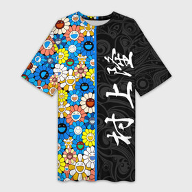 Платье-футболка 3D с принтом Такаси Мураками Иероглифами ,  |  | Тематика изображения на принте: japan | smile | takashi murakami | арт | восточный узор | иероглифы | искусство | красочный | разноцветные цветы | ромашки | смайл | такаси мураками | такаши мураками | узор | улыбки | цветочки | цветочный узор