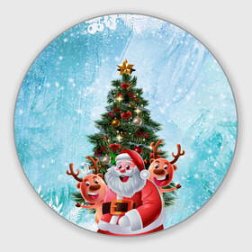 Круглый коврик для мышки с принтом Санта и олени , резина и полиэстер | круглая форма, изображение наносится на всю лицевую часть | Тематика изображения на принте: new year | арт | графика | дед мороз | елка | зима | новый год | олени | рождество | санта