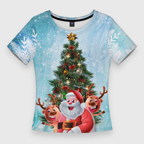 Женская футболка 3D Slim с принтом Санта и олени ,  |  | new year | арт | графика | дед мороз | елка | зима | новый год | олени | рождество | санта