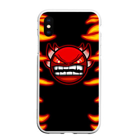 Чехол для iPhone XS Max матовый с принтом Geometry Dash Smiley demon , Силикон | Область печати: задняя сторона чехла, без боковых панелей | angry | crazy | demon | devil | evil | fire | geometry dash | icons | robtop | smile | геомерия даш | геометри деш | геометри дэш | геометрия дэш | демон | злой смайл | игра геометрия дэш | иконки | огненный | огонь | пламя | платформер