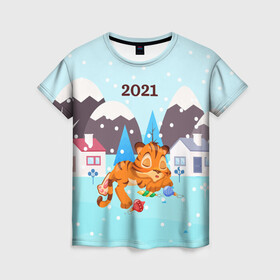 Женская футболка 3D с принтом Спящий тигренок в ожидании нового года , 100% полиэфир ( синтетическое хлопкоподобное полотно) | прямой крой, круглый вырез горловины, длина до линии бедер | 2022 | год тигра | новый год | новый год 2022 | символ года | тигр | тигренок | тигрица | тигры
