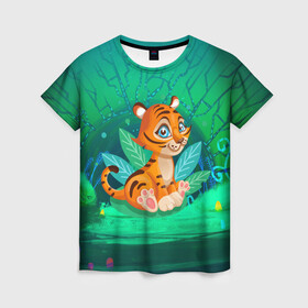 Женская футболка 3D с принтом Тигр в большой кувшинке , 100% полиэфир ( синтетическое хлопкоподобное полотно) | прямой крой, круглый вырез горловины, длина до линии бедер | 2022 | год тигра | новый год | новый год 2022 | символ года | тигр | тигренок | тигрица | тигры
