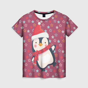 Женская футболка 3D с принтом Пингвин в звездах , 100% полиэфир ( синтетическое хлопкоподобное полотно) | прямой крой, круглый вырез горловины, длина до линии бедер | звезды | новый год | паттерн | пингвин | праздник