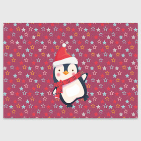 Поздравительная открытка с принтом Пингвин в звездах , 100% бумага | плотность бумаги 280 г/м2, матовая, на обратной стороне линовка и место для марки
 | Тематика изображения на принте: звезды | новый год | паттерн | пингвин | праздник