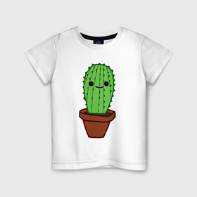 Детская футболка хлопок с принтом Кактус в горшке , 100% хлопок | круглый вырез горловины, полуприлегающий силуэт, длина до линии бедер | кактус | милый | мультяшный | простой | растение | с глазами | с лицом | улыбающийся | яркий
