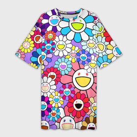 Платье-футболка 3D с принтом Цветы Takashi Murakami ,  |  | Тематика изображения на принте: flowers | pop art | superflat | takashi murakami | арт | глаза | дизайн | исскуство | разноцветные цветы | супефлэт | такаси мураками | такаши мураками | художник | цветы