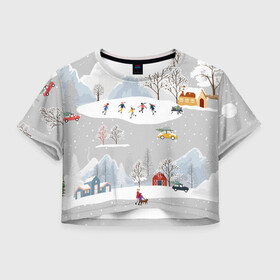 Женская футболка Crop-top 3D с принтом Нoвoгодние Праздники 2022 , 100% полиэстер | круглая горловина, длина футболки до линии талии, рукава с отворотами | 2022 | год | дома | елки | зима | каникулы | новый | праздник | радость | рождество | санки | снег | снеговик | снежки