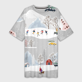 Платье-футболка 3D с принтом Нoвoгодние Праздники 2022 ,  |  | 2022 | год | дома | елки | зима | каникулы | новый | праздник | радость | рождество | санки | снег | снеговик | снежки