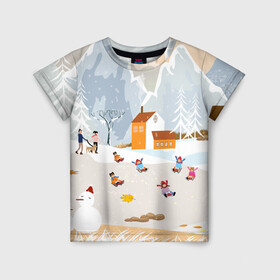 Детская футболка 3D с принтом Зимние Забавы 2022 , 100% гипоаллергенный полиэфир | прямой крой, круглый вырез горловины, длина до линии бедер, чуть спущенное плечо, ткань немного тянется | 2022 | год | дед | дети | зима | коньки | мороз. | новый | праздники | радость | рождество | санки | санта | снег | счастливого