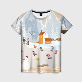 Женская футболка 3D с принтом Зимние Забавы 2022 , 100% полиэфир ( синтетическое хлопкоподобное полотно) | прямой крой, круглый вырез горловины, длина до линии бедер | 2022 | год | дед | дети | зима | коньки | мороз. | новый | праздники | радость | рождество | санки | санта | снег | счастливого