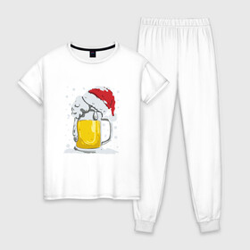 Женская пижама хлопок с принтом Новогодняя кружка пивасика , 100% хлопок | брюки и футболка прямого кроя, без карманов, на брюках мягкая резинка на поясе и по низу штанин | 2022 | кружка | новогодняя | новый год