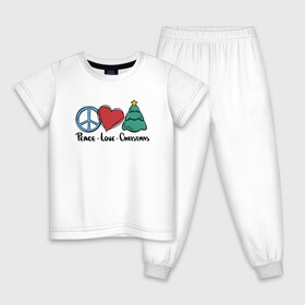 Детская пижама хлопок с принтом Peace Love and Christmas , 100% хлопок |  брюки и футболка прямого кроя, без карманов, на брюках мягкая резинка на поясе и по низу штанин
 | art | christmas | drawing | heart | love | new year | peace | tree | арт | елка | любовь | мир | новый год | рисунок | рождество | сердце