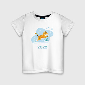 Детская футболка хлопок с принтом Тигр 2022 минимализм , 100% хлопок | круглый вырез горловины, полуприлегающий силуэт, длина до линии бедер | Тематика изображения на принте: 2022 | год тигра | новый год | новый год 2022 | символ года | тигр | тигренок | тигрица | тигры