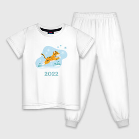 Детская пижама хлопок с принтом Тигр 2022 минимализм , 100% хлопок |  брюки и футболка прямого кроя, без карманов, на брюках мягкая резинка на поясе и по низу штанин
 | Тематика изображения на принте: 2022 | год тигра | новый год | новый год 2022 | символ года | тигр | тигренок | тигрица | тигры