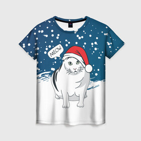 Женская футболка 3D с принтом НОВОГОДНИЙ КОТ БЕНДЕР (МЕМ) , 100% полиэфир ( синтетическое хлопкоподобное полотно) | прямой крой, круглый вырез горловины, длина до линии бедер | 2022 | 22 | bender | cat | christmas | meme | memes | meow | merry | new | snow | winter | year | бендер | год | зима | кот | кошка | мем | мемы | мяй | новый | рождество | снег | толстый