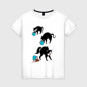 Женская футболка хлопок с принтом коты и молоко , 100% хлопок | прямой крой, круглый вырез горловины, длина до линии бедер, слегка спущенное плечо | cat | milk | кити | китюлька | кот | котэ | кэтти | миска | молоко