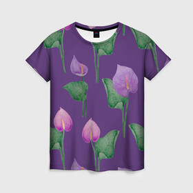 Женская футболка 3D с принтом Разноцветные антуриумы на фиолетовом фоне , 100% полиэфир ( синтетическое хлопкоподобное полотно) | прямой крой, круглый вырез горловины, длина до линии бедер | 8 марта | anthuriums | flowers | leaves | nature | антуриумы | ботаническая иллюстрация | день рождения | зеленый | листья | природа | растения | фиолетовый | цветы