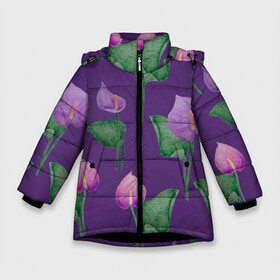 Зимняя куртка для девочек 3D с принтом Разноцветные антуриумы на фиолетовом фоне , ткань верха — 100% полиэстер; подклад — 100% полиэстер, утеплитель — 100% полиэстер. | длина ниже бедра, удлиненная спинка, воротник стойка и отстегивающийся капюшон. Есть боковые карманы с листочкой на кнопках, утяжки по низу изделия и внутренний карман на молнии. 

Предусмотрены светоотражающий принт на спинке, радужный светоотражающий элемент на пуллере молнии и на резинке для утяжки. | Тематика изображения на принте: 8 марта | anthuriums | flowers | leaves | nature | антуриумы | ботаническая иллюстрация | день рождения | зеленый | листья | природа | растения | фиолетовый | цветы