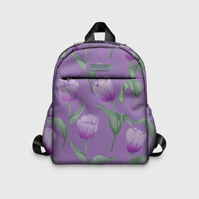 Детский рюкзак 3D с принтом Фиолетовые тюльпаны с зелеными листьями , 100% полиэстер | лямки с регулируемой длиной, сверху петелька, чтобы рюкзак можно было повесить на вешалку. Основное отделение закрывается на молнию, как и внешний карман. Внутри дополнительный карман. По бокам два дополнительных кармашка | 8 марта | flowers | leaves | nature | tulips | ботаническая иллюстрация | день рождения | зеленый | листья | природа | растения | тюльпаны | фиолетовый | цветы