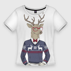 Женская футболка 3D Slim с принтом Олень в свитере 2022 ,  |  | год | декабрь | зима | новый | одень | праздник | узор