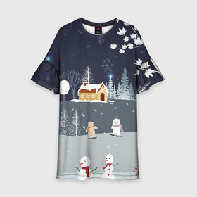 Детское платье 3D с принтом Снеговики и Мишки 2022 , 100% полиэстер | прямой силуэт, чуть расширенный к низу. Круглая горловина, на рукавах — воланы | 2022 | год | дед | дети | зима | коньки | мишки | мороз | новый | праздники | радость | рождество | санки | санта | снег | снеговик | счастливого