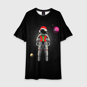 Детское платье 3D с принтом Астронавт с подарком / Astronaut and Gift , 100% полиэстер | прямой силуэт, чуть расширенный к низу. Круглая горловина, на рукавах — воланы | Тематика изображения на принте: space | астронавт | дед мороз | звезда | космонавт | космос | новый год | планета | подарок | рождество | санта