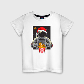 Детская футболка хлопок с принтом Космонавт и Новогоднее печенье Cosmonaut and cookies , 100% хлопок | круглый вырез горловины, полуприлегающий силуэт, длина до линии бедер | space | астронавт | дед мороз | звезда | космонавт | космос | новый год | планета | подарок | рождество | санта
