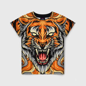 Детская футболка 3D с принтом Символ года тигр в гневе , 100% гипоаллергенный полиэфир | прямой крой, круглый вырез горловины, длина до линии бедер, чуть спущенное плечо, ткань немного тянется | 2022 | большая кошка | животное | новый год | символ года | тигр | хищник