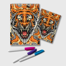 Блокнот с принтом Символ года тигр в гневе , 100% бумага | 48 листов, плотность листов — 60 г/м2, плотность картонной обложки — 250 г/м2. Листы скреплены удобной пружинной спиралью. Цвет линий — светло-серый
 | 2022 | большая кошка | животное | новый год | символ года | тигр | хищник