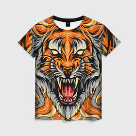 Женская футболка 3D с принтом Символ года тигр в гневе , 100% полиэфир ( синтетическое хлопкоподобное полотно) | прямой крой, круглый вырез горловины, длина до линии бедер | 2022 | большая кошка | животное | новый год | символ года | тигр | хищник