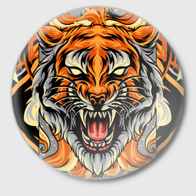 Значок с принтом Символ года тигр в гневе ,  металл | круглая форма, металлическая застежка в виде булавки | 2022 | большая кошка | животное | новый год | символ года | тигр | хищник