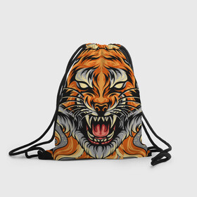 Рюкзак-мешок 3D с принтом Символ года тигр в гневе , 100% полиэстер | плотность ткани — 200 г/м2, размер — 35 х 45 см; лямки — толстые шнурки, застежка на шнуровке, без карманов и подкладки | 2022 | большая кошка | животное | новый год | символ года | тигр | хищник