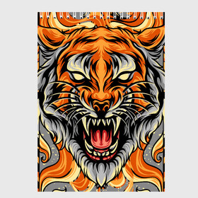 Скетчбук с принтом Символ года тигр в гневе , 100% бумага
 | 48 листов, плотность листов — 100 г/м2, плотность картонной обложки — 250 г/м2. Листы скреплены сверху удобной пружинной спиралью | Тематика изображения на принте: 2022 | большая кошка | животное | новый год | символ года | тигр | хищник