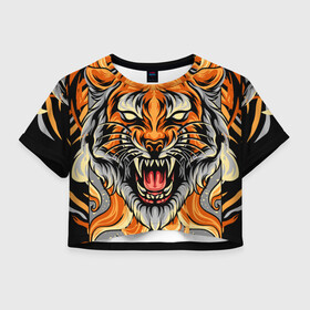 Женская футболка Crop-top 3D с принтом Символ года тигр в гневе , 100% полиэстер | круглая горловина, длина футболки до линии талии, рукава с отворотами | 2022 | большая кошка | животное | новый год | символ года | тигр | хищник