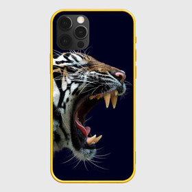 Чехол для iPhone 12 Pro с принтом Оскал тигра | Большая кошка , силикон | область печати: задняя сторона чехла, без боковых панелей | 2022 | big teeth | fangs | grin | tiger | tigr | tigris | большая кошка | большие зубы | клыки | новый год | оскалиться | острые клыки | полосатая кошка | скалить | скалить зубы | тигр