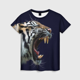 Женская футболка 3D с принтом Оскал тигра | Большая кошка , 100% полиэфир ( синтетическое хлопкоподобное полотно) | прямой крой, круглый вырез горловины, длина до линии бедер | 2022 | big teeth | fangs | grin | tiger | tigr | tigris | большая кошка | большие зубы | клыки | новый год | оскалиться | острые клыки | полосатая кошка | скалить | скалить зубы | тигр