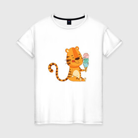 Женская футболка хлопок с принтом Тигр с мороженым - символ года , 100% хлопок | прямой крой, круглый вырез горловины, длина до линии бедер, слегка спущенное плечо | 2022 | год тигра | новый год | новый год 2022 | символ года | тигр | тигренок | тигрица | тигры