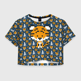 Женская футболка Crop-top 3D с принтом Вязаный тигренок , 100% полиэстер | круглая горловина, длина футболки до линии талии, рукава с отворотами | 2022 | вязанка | паттерн | символ года | тигр | тигренок | хищник