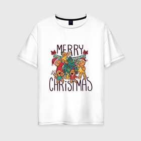 Женская футболка хлопок Oversize с принтом Merry Christmas , 100% хлопок | свободный крой, круглый ворот, спущенный рукав, длина до линии бедер
 | art | christmas | cookies | drawing | herringbone | holiday | merry christmas | new year | star | toys | tree | арт | елка | елочка | звезда | игрушки | новый год | печенье | праздник | рисунок | рождество
