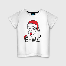 Детская футболка хлопок с принтом Новогодний Эйнштейн , 100% хлопок | круглый вырез горловины, полуприлегающий силуэт, длина до линии бедер | альберт эйнштейн | елка | ель | новогодний колпак | новогодний эйнштейн | новый год | прикол | рождество | формула | формула относительности | язык